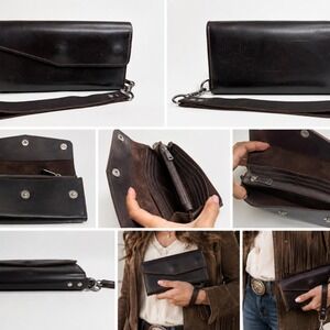 100% Genuine Leather Brown Wallet Wristlet Western Boho Festival